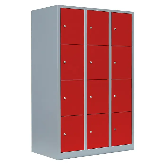 Lüllmann Schließfachschrank - H x B x T: 180 x 118,5 x 50 cm, Lichtgrau/Feuerrot, Fertig montiert, Anzahl Fächer: 12 Stk. - Grauer Metallschrank mit zwölf roten Türen und Schlössern. Ideal für Umkleideräume oder Schulen, um persönliche Gegenstände sicher zu verwahren.