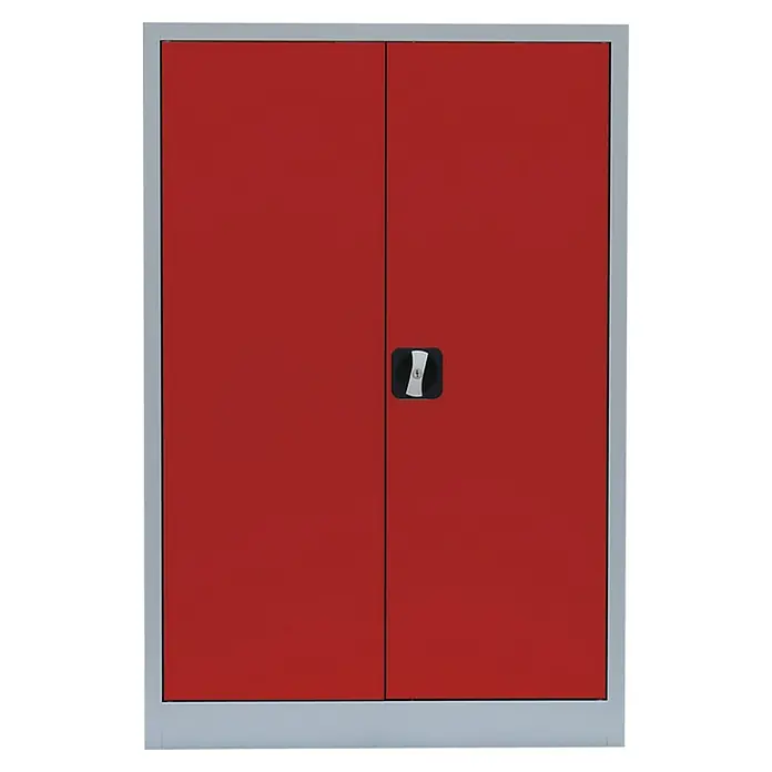 Lüllmann Metall-Mehrzweckschrank - H x B x T: 120 x 92,5 x 42,2 cm, Lichtgrau/Feuerrot, Fertig montiert, Anzahl Böden: 2 Stk. - Roter Metallschrank mit zwei Türen und silbernem Rahmen. Der abschließbare Schrank bietet Stauraum und Sicherheit für Werkstatt oder Büro.