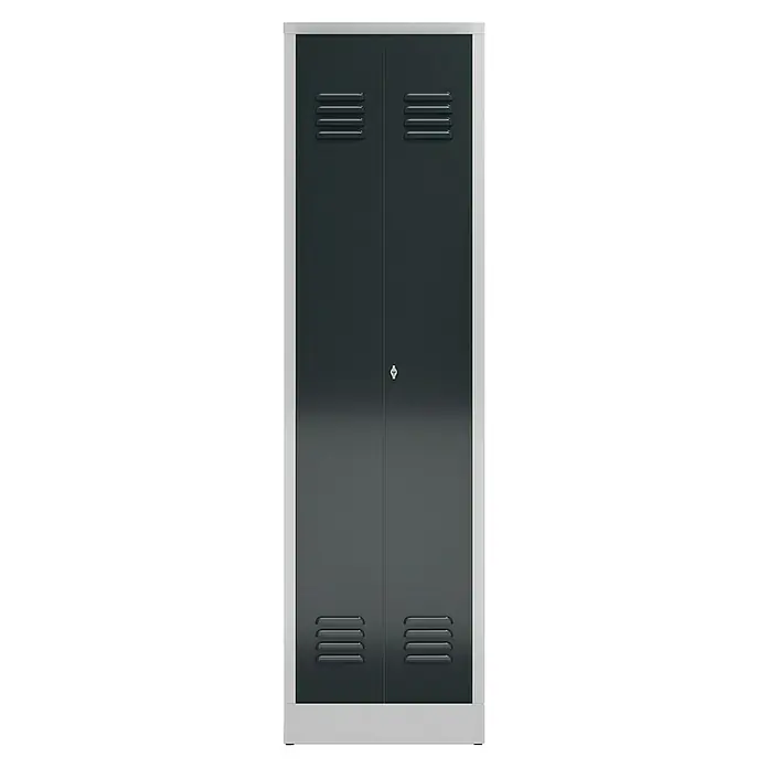 Lüllmann ClassiX Metall-Mehrzweckschrank - H x B x T: 180 x 50 x 50 cm, Lichtgrau/Anthrazit, Fertig montiert, Anzahl Böden: 4 Stk. - Metallspind mit zwei Türen, Lüftungsschlitzen und einem silbergrauen Rahmen. Perfekt für die Aufbewahrung in verschiedenen Umgebungen.
