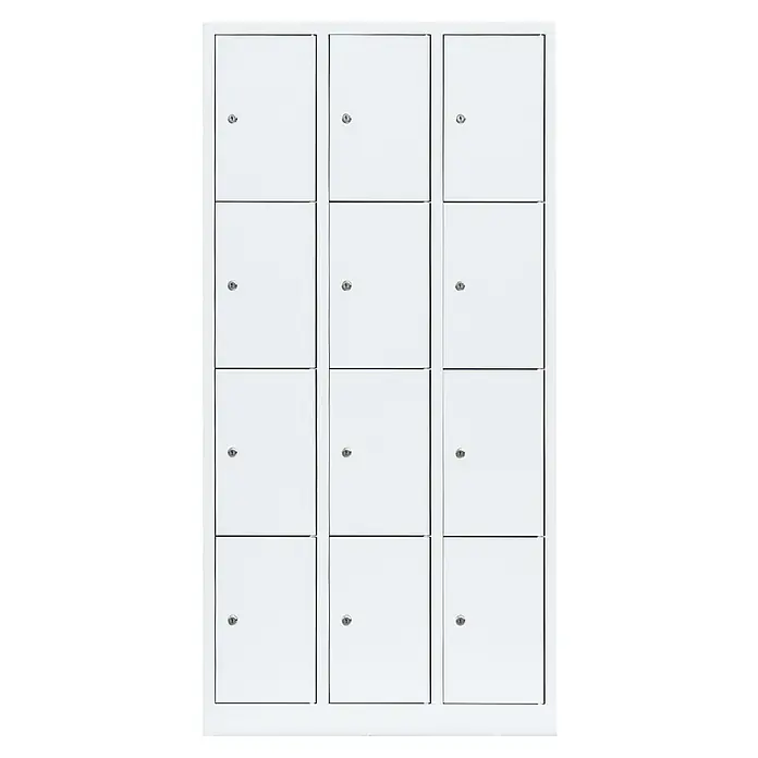 Lüllmann Schließfachschrank - H x B x T: 180 x 88,5 x 50 cm, Signalweiß, Fertig montiert, Anzahl Fächer: 12 Stk. - Foto einer weißen, modularen Schließfachanlage mit zwölf Fächern und versenkten Schlössern für sichere Aufbewahrung.
