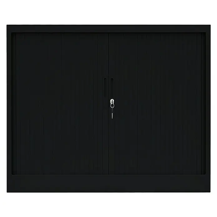Lüllmann Rollladenschrank - H x B x T: 105 x 120 x 45,7 cm, Tiefschwarz, Fertig montiert, Anzahl Böden: 2 Stk. - Schwarzes Rolltor mit vertikalen Lamellen, ausgestattet mit Griffen und Schlüssel für Sicherheit.