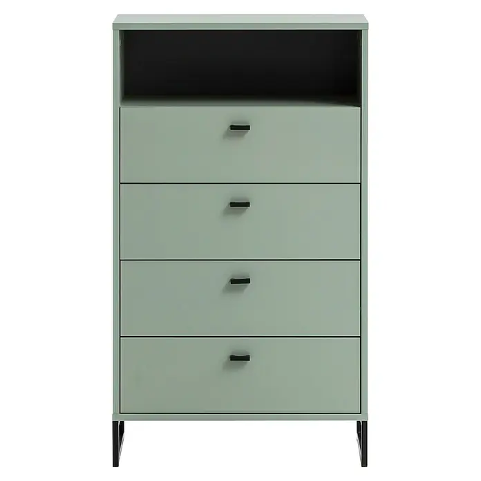 Schildmeyer Janne Highboard - L x B x H: 33 x 60,2 x 103,9 cm, Pistazie - Eine moderne mintgrüne Kommode mit vier Schubladen und einem offenen Fach oben, ideal für stilvolle Aufbewahrungslösungen.