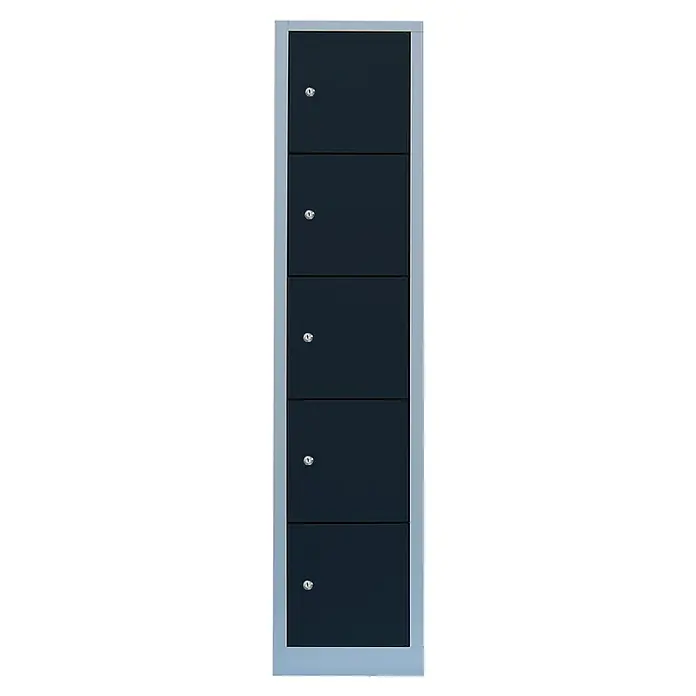 Lüllmann Schließfachschrank - H x B x T: 180 x 41,5 x 50 cm, Lichtgrau/Anthrazit, Fertig montiert, Anzahl Fächer: 5 Stk. - Ein schmaler, grauer Aktenschrank mit fünf abschließbaren, dunkelgrauen Fächern für die sichere Aufbewahrung von Dokumenten und Wertsachen.