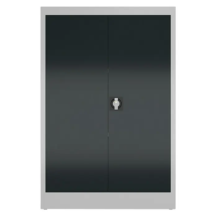 Lüllmann ClassiX Metall-Mehrzweckschrank - H x B x T: 120 x 80 x 38 cm, Lichtgrau/Anthrazit, Fertig montiert, Anzahl Böden: 2 Stk. - Ein grauer zweitüriger Schrank mit silbernem Rahmen und Schloss im mittleren Bereich. Vielseitige Aufbewahrungslösung für Ihr Büro oder Zuhause.