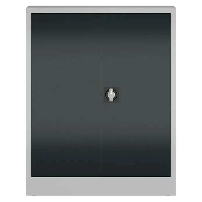 Lüllmann ClassiX Metall-Mehrzweckschrank - H x B x T: 100 x 80 x 38 cm, Lichtgrau/Anthrazit, Fertig montiert, Anzahl Böden: 2 Stk. - Bild eines grauen Metallschranks mit zwei Türen und einem Schloss. Der Schrank hat einen hellgrauen Rahmen.