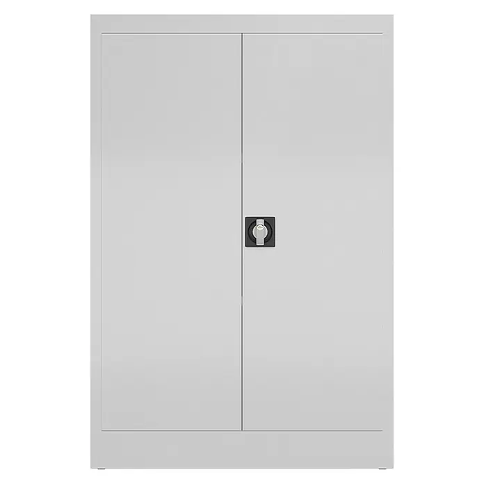 Lüllmann ClassiX Metall-Mehrzweckschrank - H x B x T: 120 x 80 x 38 cm, Signalweiß, Fertig montiert, Anzahl Böden: 2 Stk. - Das Bild zeigt einen grauen Büroschrank mit zwei Türen und einem schwarzen Griff in der Mitte. Ideal zur Aufbewahrung von Büromaterial und Dokumenten.