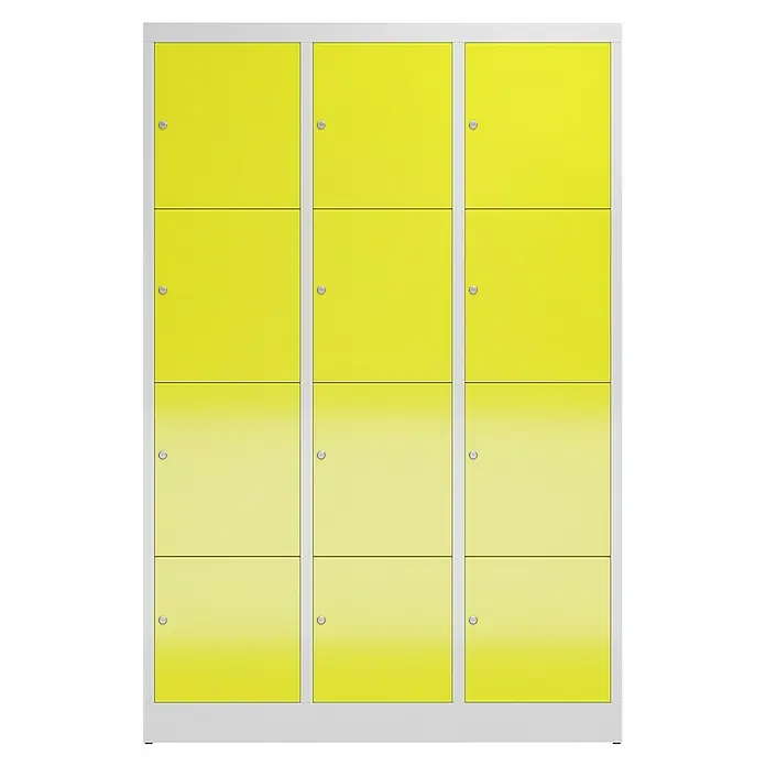 Lüllmann ClassiX Schließfachschrank - H x B x T: 180 x 118,5 x 50 cm, Lichtgrau/Zinkgelb, Fertig montiert, Anzahl Fächer: 12 Stk. - Gelbe Schließfächer mit drei mal drei Fächern, ideal für Schulen oder Sporteinrichtungen, bieten eine sichere Aufbewahrung.