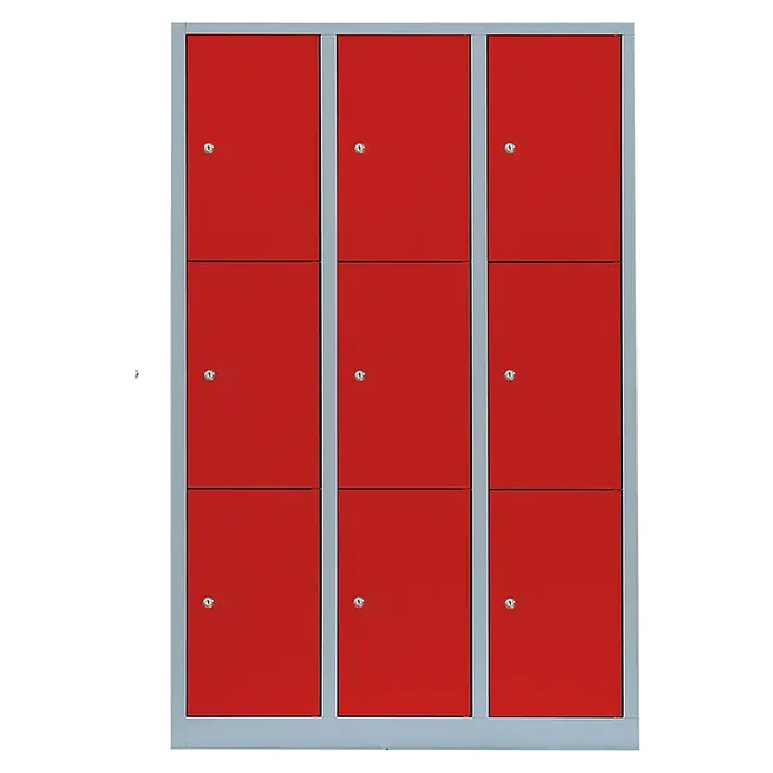 Lüllmann Schließfachschrank - H x B x T: 180 x 118,5 x 50 cm, Lichtgrau/Feuerrot, Fertig montiert, Anzahl Fächer: 9 Stk. - Rote Metallschließfächer mit silbernem Rahmen, ideal für Schulen oder Fitnessstudios zur sicheren Aufbewahrung persönlicher Gegenstände.