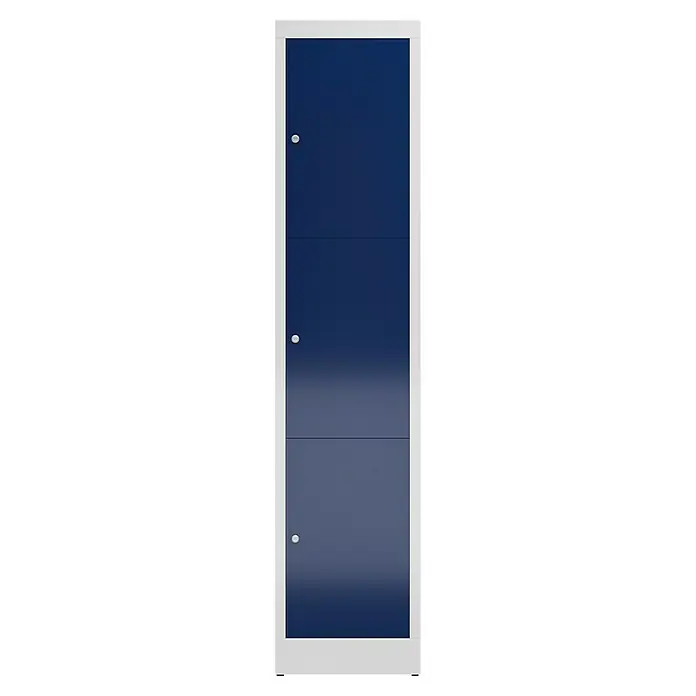 Lüllmann ClassiX Schließfachschrank - H x B x T: 180 x 41,5 x 50 cm, Lichtgrau/Enzianblau, Fertig montiert, Anzahl Fächer: 3 Stk. - Blauer, dreitüriger Spind mit silbernen Griffen und weißem Rahmen. Ideal für Schule oder Büro.