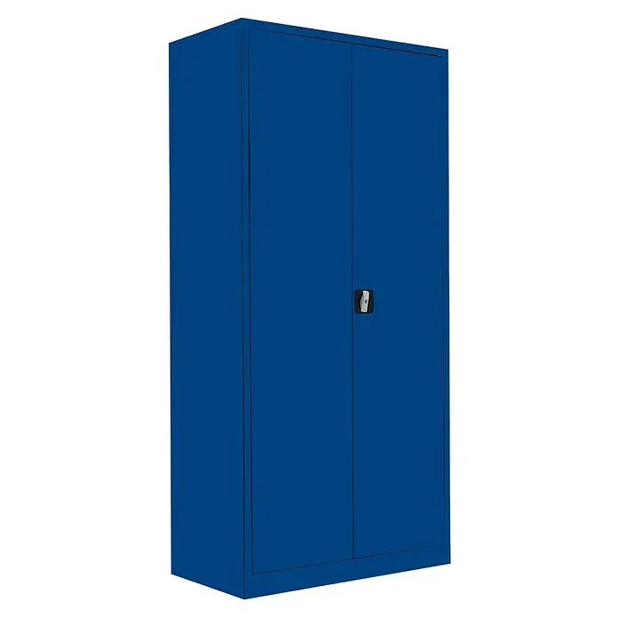Lüllmann Metall-Mehrzweckschrank - H x B x T: 195 x 92,5 x 42,2 cm, Enzianblau, Fertig montiert, Anzahl Böden: 4 Stk. - Ein blauer Flügeltürenschrank mit abschließbarem Griff. Er bietet praktischen Stauraum und ist ideal für Büro oder Werkstatt.