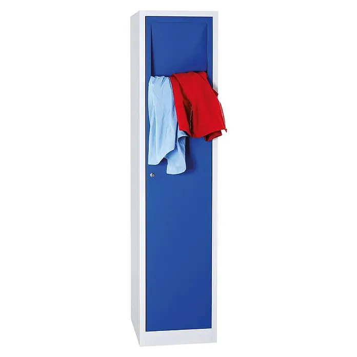 Lüllmann Wäscheschrank - H x B x T: 180 x 41,5 x 50 cm, Lichtgrau/Enzianblau, Fertig montiert, Anzahl Türen: 1 Stk. - Blauer Spind mit weißem Rahmen und T-Shirts, ideal für Umkleideräume. Robuste Konstruktion für den täglichen Gebrauch.