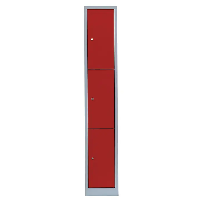 Lüllmann Schließfachschrank - H x B x T: 180 x 31,5 x 50 cm, Lichtgrau/Feuerrot, Fertig montiert, Anzahl Fächer: 3 Stk. - Ein dreistöckiger, roter Metallspind mit einem hellgrauen Rahmen, ideal zur sicheren Aufbewahrung persönlicher Gegenstände.