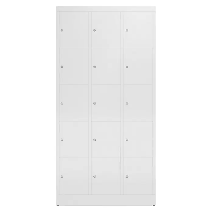 Lüllmann ClassiX Schließfachschrank - H x B x T: 180 x 87 x 50 cm, Signalweiß, Fertig montiert, Anzahl Fächer: 15 Stk. - Aufnahme eines Schranksystems mit zwölf weißen Fächern und jeweils einem silbernen Schloss an jeder Tür für Sicherheit.