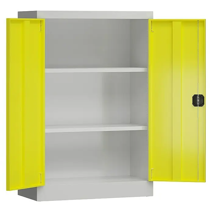 Lüllmann ClassiX Metall-Mehrzweckschrank - H x B x T: 120 x 80 x 38 cm, Lichtgrau/Zinkgelb, Fertig montiert, Anzahl Böden: 2 Stk. - Gelber Metallschrank mit zwei offenen Türen und Regalen.