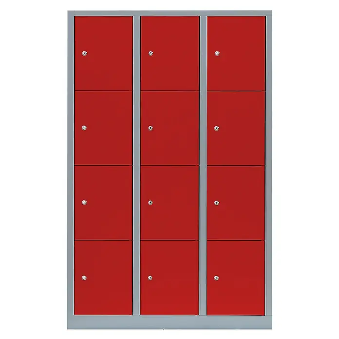 Lüllmann Schließfachschrank - H x B x T: 180 x 118,5 x 50 cm, Lichtgrau/Feuerrot, Fertig montiert, Anzahl Fächer: 12 Stk. - Ein Schrank mit zwölf roten Fächern und grauen Rahmen. Der Schrank ist schmal und hoch. Alle Fächer haben ein Schloss.