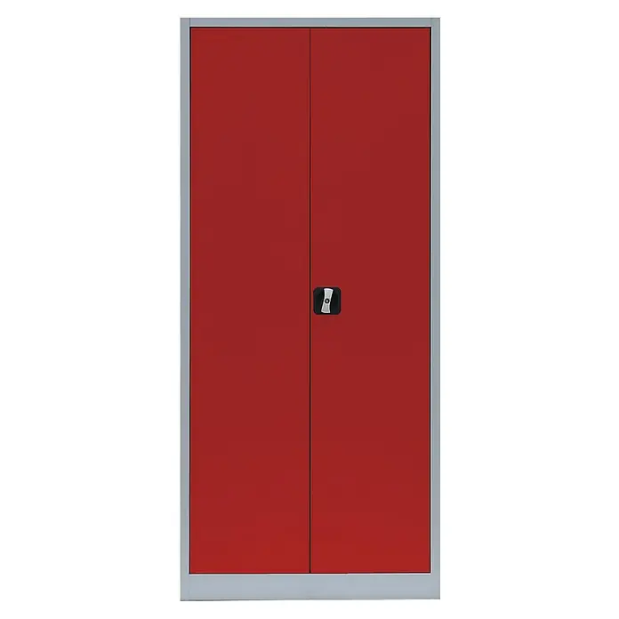 Lüllmann Metall-Mehrzweckschrank - H x B x T: 180 x 80 x 38,3 cm, Lichtgrau/Feuerrot, Fertig montiert, Anzahl Böden: 4 Stk. - Roter Stahlschrank mit silberfarbenem Rahmen und schwarzem Griff, ideal zur Aufbewahrung von Werkzeugen oder Dokumenten im Büro.