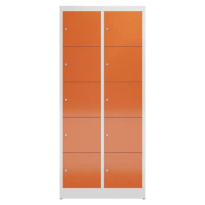 Lüllmann ClassiX Schließfachschrank - H x B x T: 180 x 80 x 50 cm, Lichtgrau/Feuerrot, Fertig montiert, Anzahl Fächer: 10 Stk. - Ansicht eines Schranksystems mit mehreren orangefarbenen Fächern und einem weißen Rahmen, ideal zur Aufbewahrung.