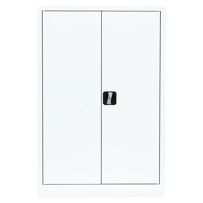 Lüllmann Metall-Mehrzweckschrank - H x B x T: 120 x 92,5 x 42,2 cm, Signalweiß, Fertig montiert, Anzahl Böden: 2 Stk. - Aufnahme eines weißen Büroschranks mit zwei Türen und einem schwarzen Griff in der Mitte.