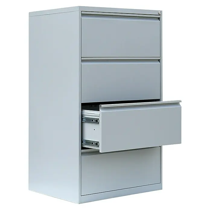 Lüllmann Hängeregisterschrank - H x B x T: 132 x 76 x 62 cm, Lichtgrau, Fertig montiert, Anzahl Schubladen: 4 Stk. - Grauer Aktenschrank mit vier Schubladen, wobei die dritte Schublade offen ist.