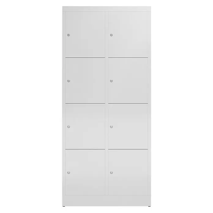 Lüllmann ClassiX Schließfachschrank - H x B x T: 180 x 80 x 50 cm, Lichtgrau, Fertig montiert, Anzahl Fächer: 8 Stk. - Ein weißer Spind mit acht Fächern, ideal zur Aufbewahrung. Das Produkt bietet ausreichend Stauraum und ist platzsparend.