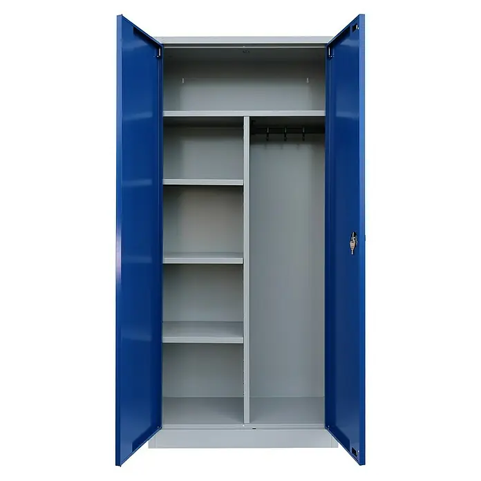 Lüllmann Metall-Mehrzweckschrank - H x B x T: 180 x 80 x 38,3 cm, Lichtgrau/Enzianblau, Fertig montiert, Anzahl Böden: 3 Stk. - Offener blauer Metallschrank mit Regalen und Kleiderstange für geordnete Aufbewahrung von Kleidung und anderen Gegenständen.