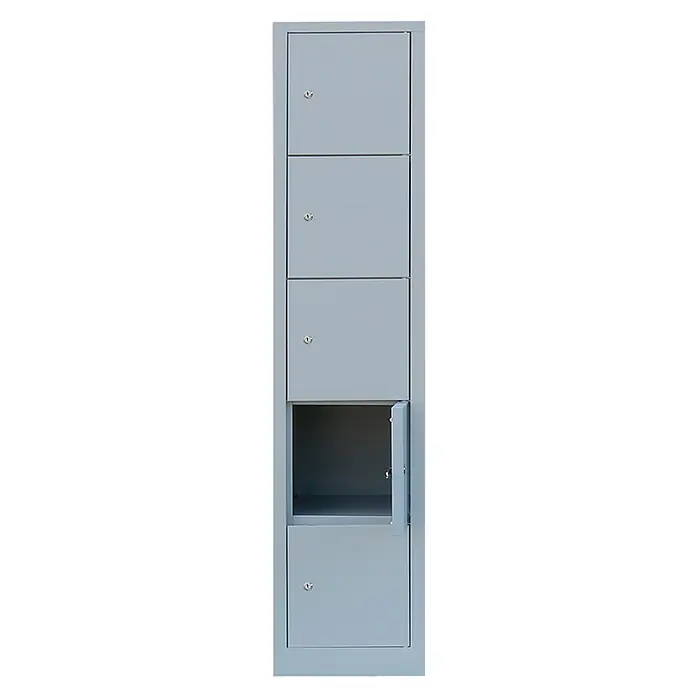 Lüllmann Schließfachschrank - H x B x T: 180 x 41,5 x 50 cm, Lichtgrau, Fertig montiert, Anzahl Fächer: 5 Stk. - Schrank mit fünf Fächern, eines davon offen, zur Aufbewahrung von Gegenständen. Das Gehäuse ist aus robustem, grauem Metall.