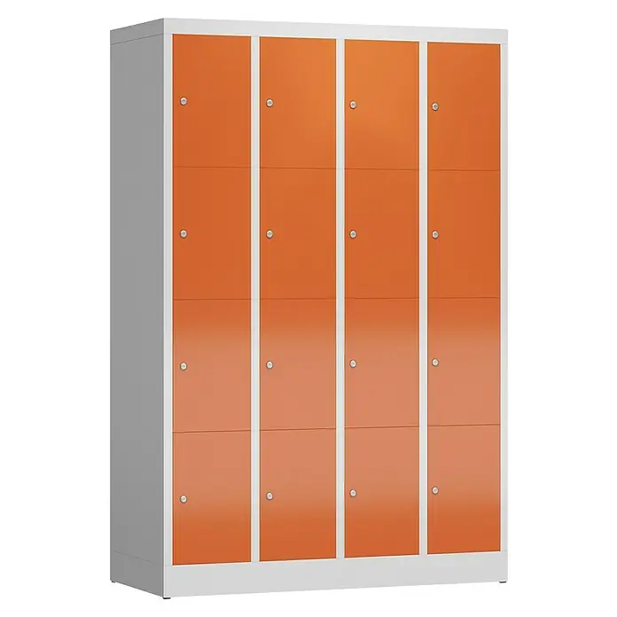 Lüllmann ClassiX Schließfachschrank - H x B x T: 180 x 118,5 x 50 cm, Lichtgrau/Feuerrot, Fertig montiert, Anzahl Fächer: 16 Stk. - Orangefarbener Spindschrank mit vier Abteilen. Ideal für die Aufbewahrung in Schulen, Büros oder Sportanlagen. Robuste Konstruktion und modernes Design.
