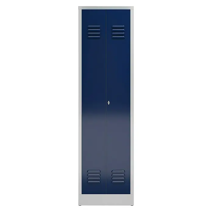 Lüllmann ClassiX Metall-Mehrzweckschrank - H x B x T: 180 x 50 x 50 cm, Lichtgrau/Enzianblau, Fertig montiert, Anzahl Böden: 4 Stk. - Blauer Metallspind mit zwei Türen und Lüftungsschlitzen. Ideal für Schulen, Umkleideräume und andere öffentliche Einrichtungen.
