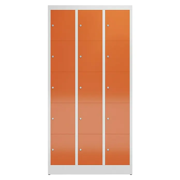 Lüllmann ClassiX Schließfachschrank - H x B x T: 180 x 87 x 50 cm, Lichtgrau/Feuerrot, Fertig montiert, Anzahl Fächer: 15 Stk. - Schrankwand mit 12 orangefarbenen Fächern und silbernen Griffen, ideal für Büro oder Schule. Stilvoll und platzsparend.