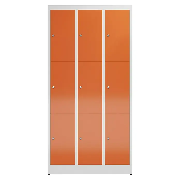 Lüllmann ClassiX Schließfachschrank - H x B x T: 180 x 87 x 50 cm, Lichtgrau/Feuerrot, Fertig montiert, Anzahl Fächer: 9 Stk. - Dreispindiger Garderobenschrank in Orange und Weiß, ideal für Umkleideräume. Bietet praktischen Stauraum und modernes Design.