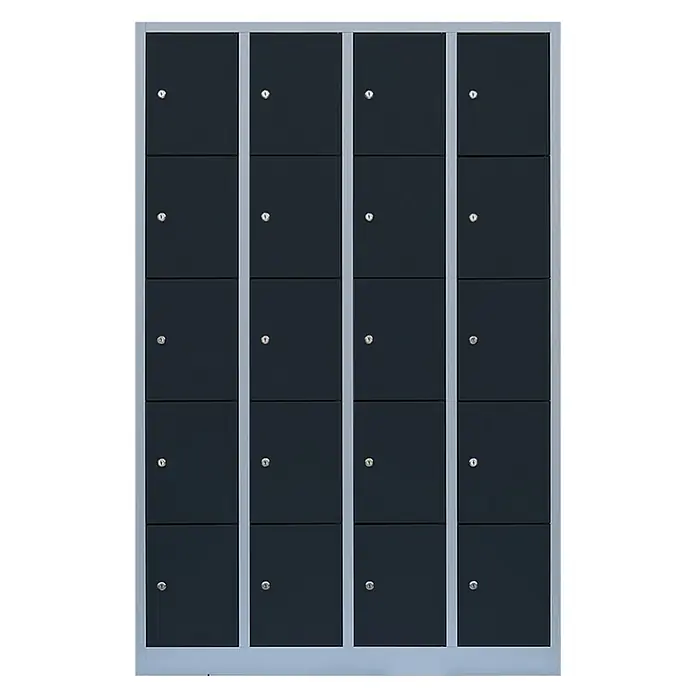 Lüllmann Schließfachschrank - H x B x T: 180 x 117 x 50 cm, Lichtgrau/Anthrazit, Fertig montiert, Anzahl Fächer: 20 Stk. - Bild eines Schranks mit mehreren Fächern. Die Fächer sind dunkel und haben silberne Schlösser. Ideal für Büros oder Schulen.