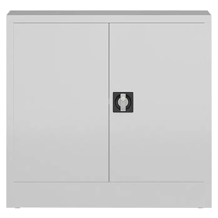 Lüllmann ClassiX Metall-Mehrzweckschrank - H x B x T: 75 x 80 x 38 cm, Signalweiß, Fertig montiert, Anzahl Böden: 1 Stk. - Ein grauer Metallschrank mit zwei Türen und einem schwarzen Drehgriff. Ideal für die Aufbewahrung von Büromaterial oder Werkzeugen.