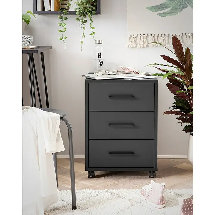 Schildmeyer Ruby Rollcontainer - L x B x H: 50 x 40 x 57 cm, Schwarz, Anzahl Schubladen: 3 Stk. - Grauer Rollcontainer mit drei Schubladen, ideal für Büro oder Arbeitszimmer, bietet stilvollen Stauraum und Flexibilität.
