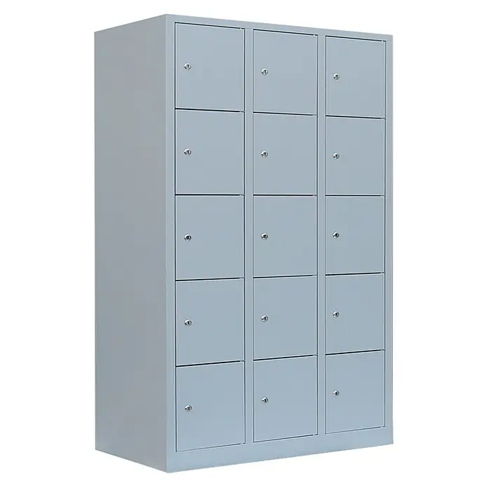 Lüllmann Schließfachschrank - H x B x T: 180 x 118,5 x 50 cm, Lichtgrau, Fertig montiert, Anzahl Fächer: 15 Stk. - Grauer Spindschrank mit 15 abschließbaren Fächern, ideal für Umkleideräume oder Schulen, bietet sichere Aufbewahrung und Ordnung.