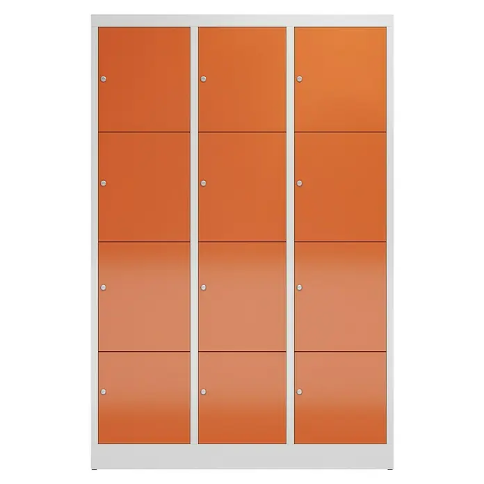 Lüllmann ClassiX Schließfachschrank - H x B x T: 180 x 118,5 x 50 cm, Lichtgrau/Feuerrot, Fertig montiert, Anzahl Fächer: 12 Stk. - Orangene Schließfächer mit weißem Rahmen. Praktische Aufbewahrungslösung. Ideal für Schulen, Umkleideräume und Fitnessstudios.