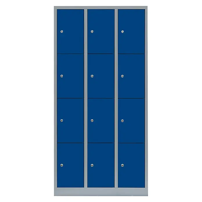 Lüllmann Schließfachschrank - H x B x T: 180 x 88,5 x 50 cm, Lichtgrau/Enzianblau, Fertig montiert, Anzahl Fächer: 12 Stk. - Blaue Spinde mit silbernem Rahmen, ideal für Schulen, Fitnessstudios oder Büros. Robuste Konstruktion und sichere Aufbewahrung.