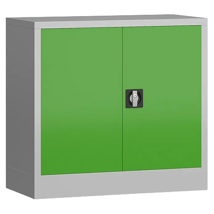 Lüllmann ClassiX Metall-Mehrzweckschrank - H x B x T: 75 x 80 x 38 cm, Lichtgrau/Gelbgrün, Fertig montiert, Anzahl Böden: 1 Stk. - Grüner Metallschrank mit zwei Türen und einem silbernen Rahmen. Der Schrank hat einen Drehknopf zum Öffnen und Schließen.