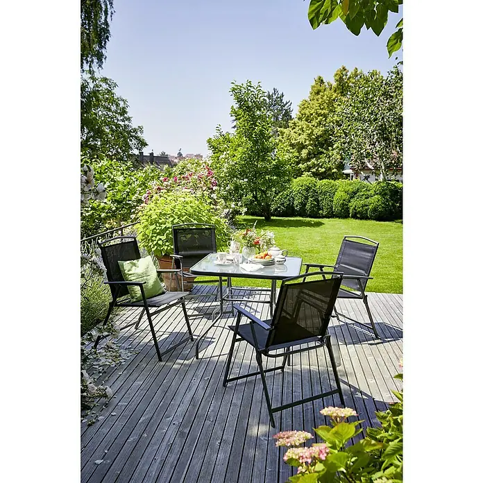 Sunfun Set de muebles de jardín Marta - 5 pzs., Vidrio/Textil, Acero, Antracita - Conjunto de muebles de exterior con mesa y cuatro sillas en una terraza de madera con vistas al jardín.