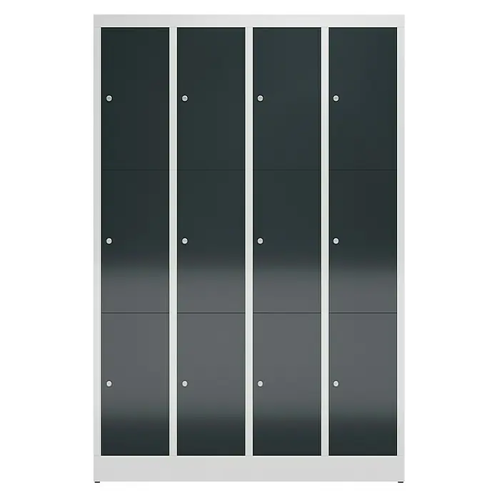 Lüllmann ClassiX Schließfachschrank - H x B x T: 180 x 118,5 x 50 cm, Lichtgrau/Anthrazit, Fertig montiert, Anzahl Fächer: 12 Stk. - Schrank mit zwölf grauen Türen und silbernen Griffen, umgeben von einem weißen Rahmen. Ideal für Umkleideräume.