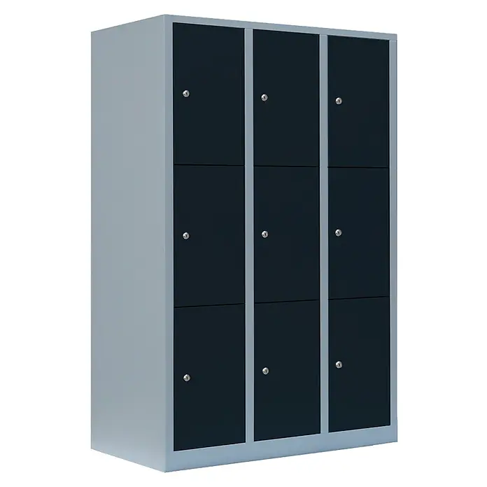 Lüllmann Schließfachschrank - H x B x T: 180 x 118,5 x 50 cm, Lichtgrau/Anthrazit, Fertig montiert, Anzahl Fächer: 9 Stk. - Dreispind-Schrank mit neun abschließbaren Fächern in Grau und Schwarz, ideal für Büro oder Umkleideraum.