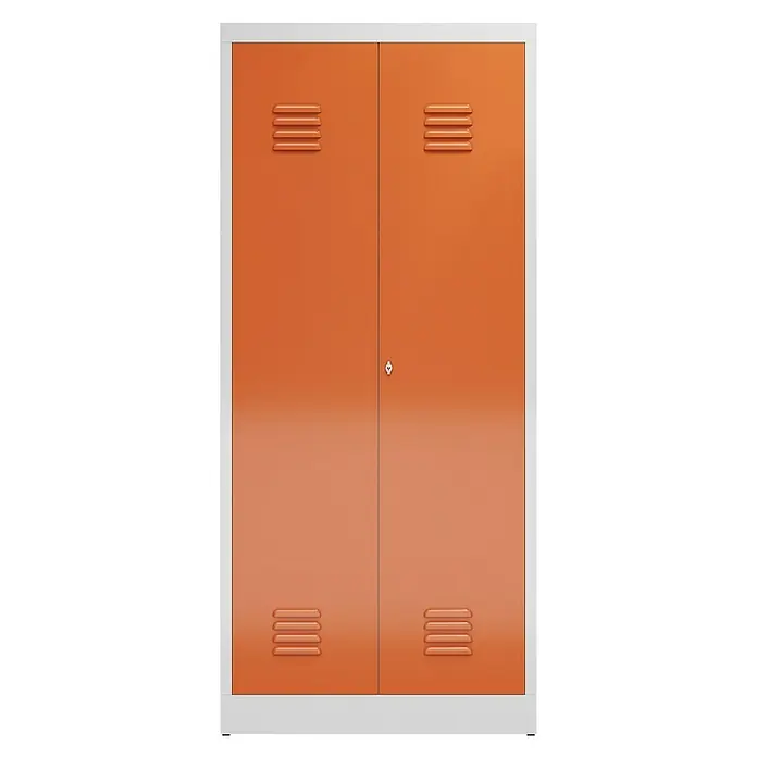 Lüllmann ClassiX Metall-Mehrzweckschrank - H x B x T: 180 x 80 x 50 cm, Lichtgrau/Feuerrot, Fertig montiert, Anzahl Böden: 4 Stk. - Ein orangefarbener Metallschrank mit zwei Türen und Belüftungsschlitzen, umgeben von einem weißen Rahmen, bietet Stauraum mit Stil.