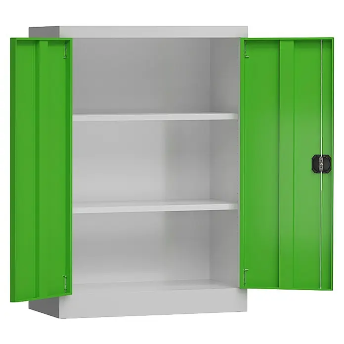 Lüllmann ClassiX Metall-Mehrzweckschrank - H x B x T: 120 x 92 x 42 cm, Lichtgrau/Gelbgrün, Fertig montiert, Anzahl Böden: 2 Stk. - Der offene Metallschrank mit grünen Türen und weißen Regalen bietet viel Stauraum. Ideal für Werkstatt oder Büro.