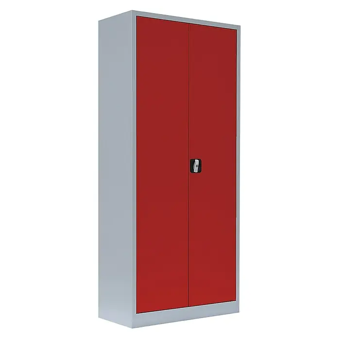Lüllmann Metall-Mehrzweckschrank - H x B x T: 180 x 80 x 38,3 cm, Lichtgrau/Feuerrot, Fertig montiert, Anzahl Böden: 4 Stk. - Roter Metallschrank mit abschließbaren Türen für sichere Aufbewahrung im Büro oder Lager. Optimal für Dokumente und Wertgegenstände.