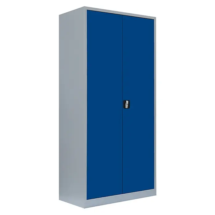 Lüllmann Metall-Mehrzweckschrank - H x B x T: 195 x 92,5 x 42,2 cm, Lichtgrau/Enzianblau, Fertig montiert, Anzahl Böden: 4 Stk. - Abbildung eines blauen Aktenschranks aus Stahl mit stabilen Türen und Griff, ideal für Büro oder Werkstatt.