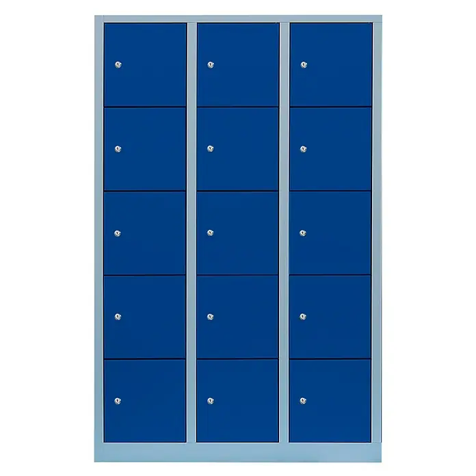 Lüllmann Schließfachschrank - H x B x T: 180 x 118,5 x 50 cm, Lichtgrau/Enzianblau, Fertig montiert, Anzahl Fächer: 15 Stk. - Blaue Metallgarderobe mit zwölf Fächern und silbernen Schlössern für sichere Aufbewahrung persönlicher Gegenstände.