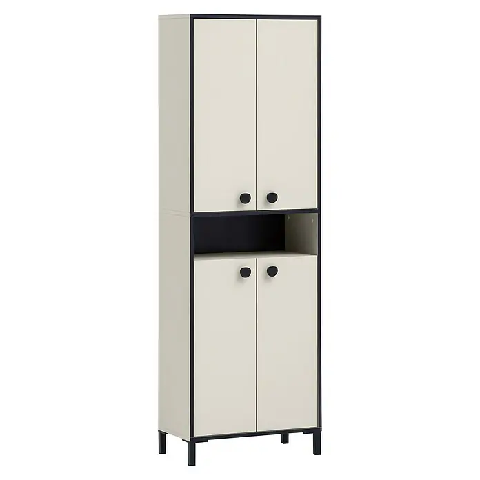 Schildmeyer Edda Schuhschrank - L x B x H: 33 x 60,2 x 185 cm, Beige/Schwarz, Anzahl Fächer: 1 Stk. - Ein eleganter, cremefarbener Hochschrank mit dunklen Akzenten und Griffen, ideal für zusätzlichen Stauraum im modernen Zuhause.