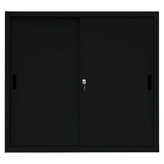 Lüllmann Schiebetür Schrank - H x B x T: 109 x 120 x 45 cm, Tiefschwarz, Fertig montiert, Anzahl Böden: 2 Stk. - Schwarzer Schiebetürenschrank mit Schlüssel, ideal für Büro oder Werkstatt zur sicheren Aufbewahrung von Gegenständen.