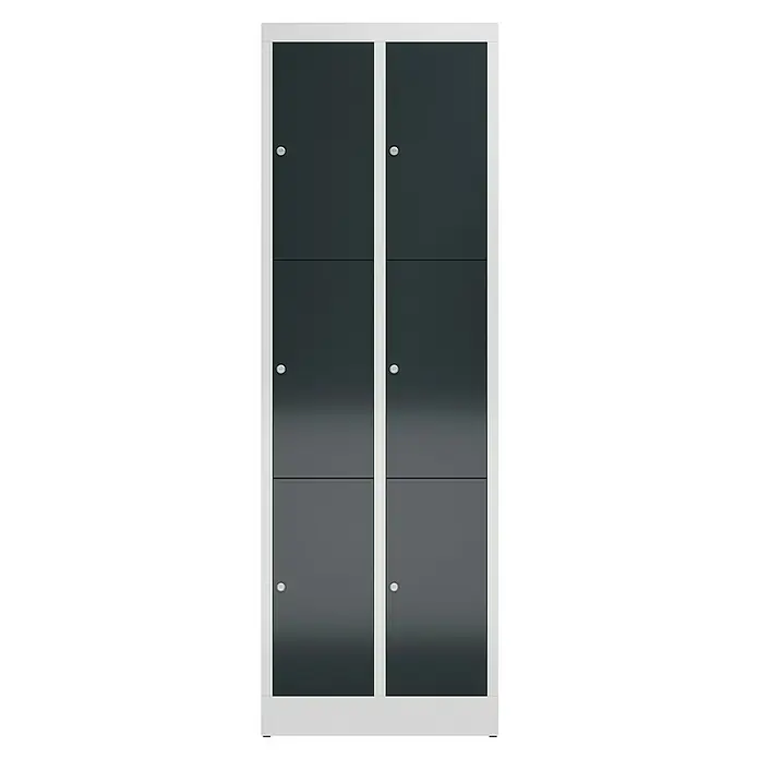 Lüllmann ClassiX Schließfachschrank - H x B x T: 180 x 59 x 50 cm, Lichtgrau/Anthrazit, Fertig montiert, Anzahl Fächer: 6 Stk. - Bild eines grauen Spinds mit sechs Fächern und weißen Rahmen, ideal zur Aufbewahrung von Gegenständen in Schulen oder Umkleideräumen.