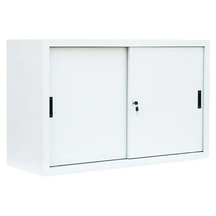 Lüllmann Schiebetür Schrank - H x B x T: 75 x 120 x 45 cm, Signalweiß, Fertig montiert, Anzahl Böden: 1 Stk. - Schrank mit Schiebetüren in Weiß, ideal zur Aufbewahrung im Büro oder zu Hause. Metallschrank für Bürobedarf mit abschließbaren Türen.