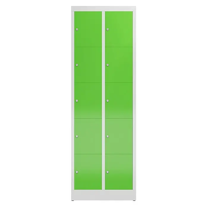 Lüllmann ClassiX Schließfachschrank - H x B x T: 180 x 59 x 50 cm, Lichtgrau/Gelbgrün, Fertig montiert, Anzahl Fächer: 10 Stk. - Schrank mit grünen Türen und weißen Rahmen. Praktisch für die Aufbewahrung von persönlichen Gegenständen.